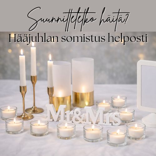 hääsomisteet, kultaiset kynttilänjalat, valkoiset maljakot